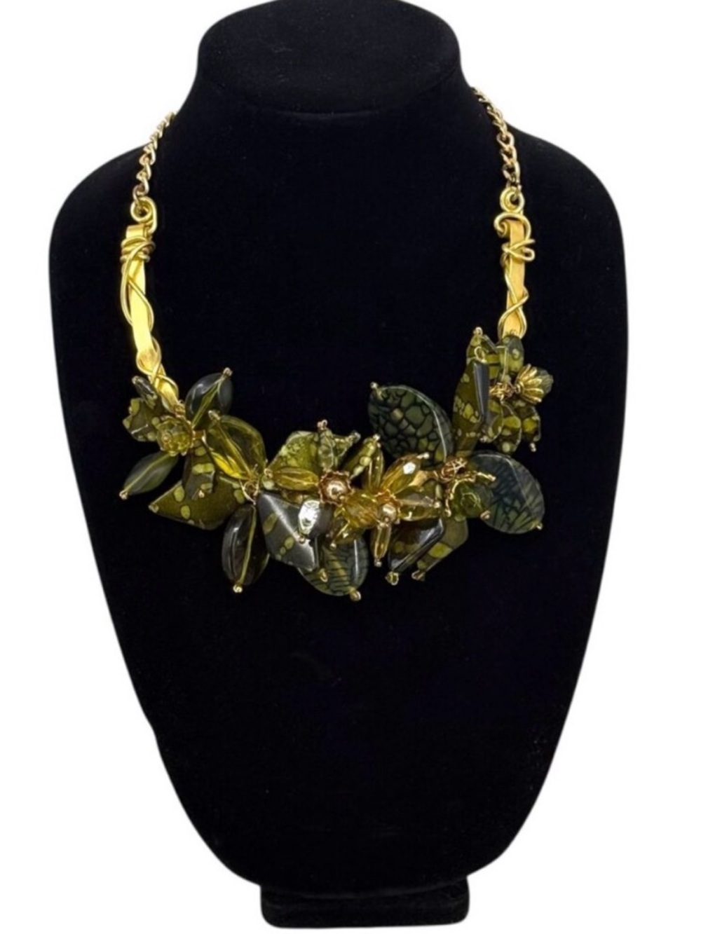 Artisan Statement Floral Green & Gold Resin Bead Necklace with Metal Chain